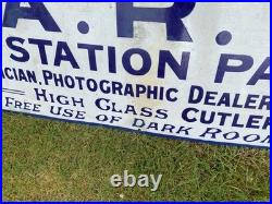 Vintage antique Enamel Advertising Sign Optician Binoculars Harrogate camera Old