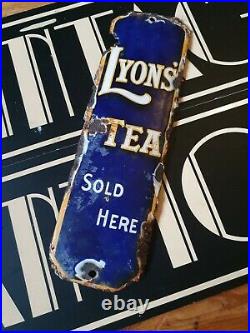 Vintage antique Lyons Tea sold here Enamel finger door push plate sign