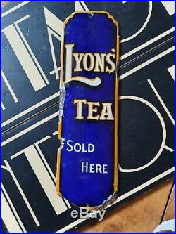 Vintage antique Lyons Tea sold here Enamel finger door push plate sign