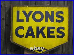 Vintage enamel double-sided LYONS CAKES advertising sign 15.5 x 17.5