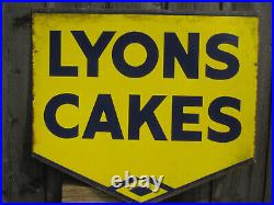 Vintage enamel double-sided LYONS CAKES advertising sign 15.5 x 17.5