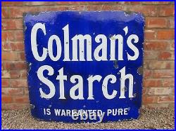 Vintage enamel sign Colman's Starch is warranted pure. Rare blue background