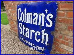Vintage enamel sign Colman's Starch is warranted pure. Rare blue background