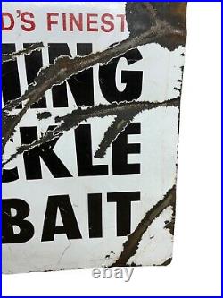 Vintage enamel sign, Leada fishing tackle and bait 61cm, 45cm