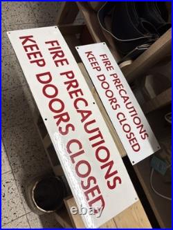 Vintage enamel warning sign X2 Ex london transport (Fire Precautions) Unused