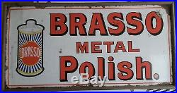 Vintage original enamel sign advertising Brasso, in a slim wooden frame
