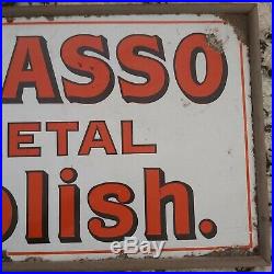 Vintage original enamel sign advertising Brasso, in a slim wooden frame