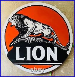 Vintage porcelain enamel lion gasoline 48 inch double sided sign