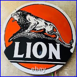 Vintage porcelain enamel lion gasoline 48 inch double sided sign