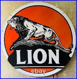 Vintage porcelain enamel lion gasoline 48 inch double sided sign