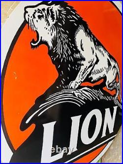 Vintage porcelain enamel lion gasoline 48 inch double sided sign