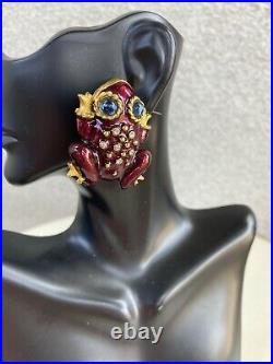 Vintage signed frog earrings Yosca clip on burgundy enamel rhinestones