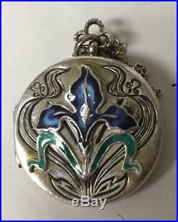Vtg Art Nouveau Style Sterling Silver Enamel Iris Flower Locket Necklace, Signed