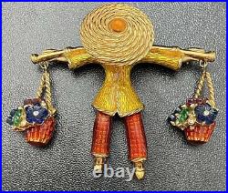 Vtg Ciner Asian Flower Basket Carrier Brooch Enamel Gripoix Rare Signed Jewelry
