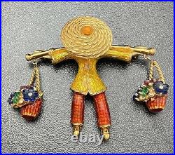 Vtg Ciner Asian Flower Basket Carrier Brooch Enamel Gripoix Rare Signed Jewelry