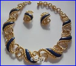 Vtg Signed Trifari Necklace Clip On Earrings Gold Tone Navy Blue Enamel Set