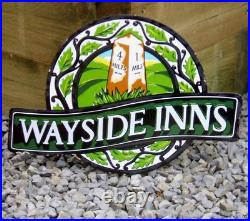 Wayside Inns Original Enamel Sign, Rare Large Stunning Beer Food Bar Drinks Sign